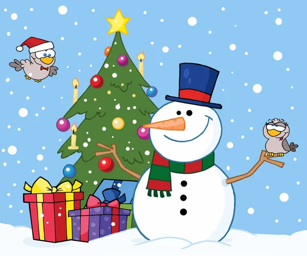 Christmas Snowman By A Tree — Stock Photo, Image