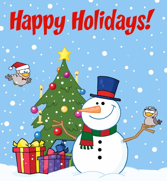 Wesołych Świąt Tekstu Przez Christmas Snowman Przez Drzewa — Zdjęcie stockowe