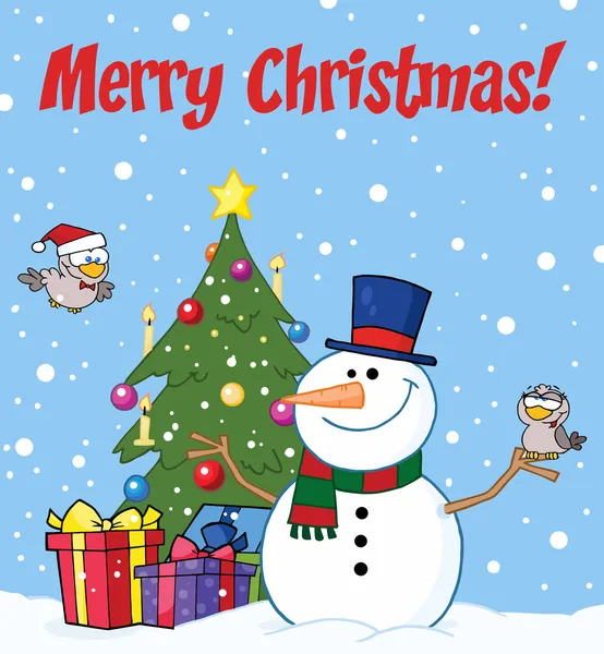 快乐圣诞贺卡与雪人和可爱的鸟类 — 图库照片