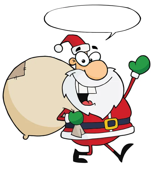 Fröhlicher Weihnachtsmann Winkt Und Spaziert Mit Seinem Spielzeugsack Mit Sprechblase — Stockfoto