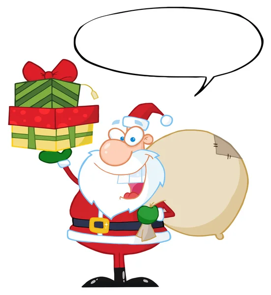 Санта-Клаус держит подарки со словом в кармане — стоковое фото