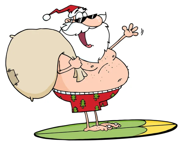 Veselý Santa Claus Surfování Jeho Pytel — Stock fotografie