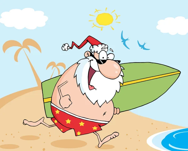 圣诞老人在海滩上的冲浪板上运行 — 图库照片