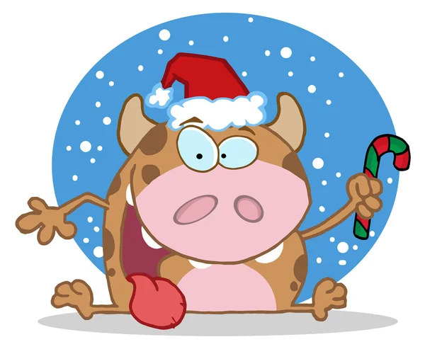 Christmas Cow Holding Candycane Snow — Stock Photo, Image