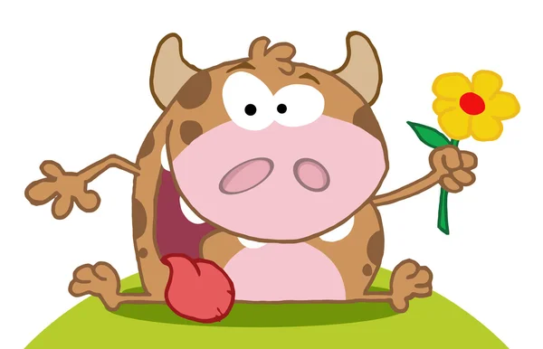 Cow Holding Flower Cartoon Character — Stock Photo, Image