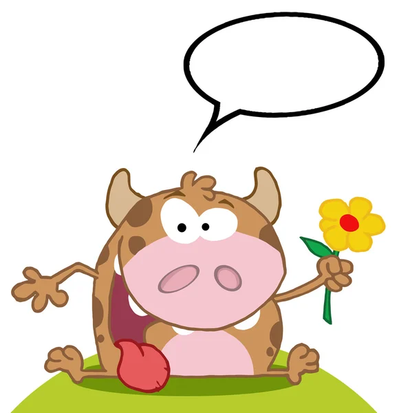 Happy ko håller en blomma — Stockfoto
