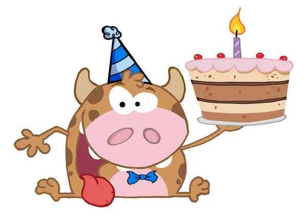 Happy Calf Cartoon Character Holds Birthday Cake — Stock Photo, Image
