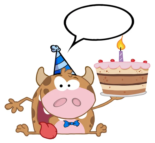 Vaca feliz segurando um bolo de aniversário — Fotografia de Stock