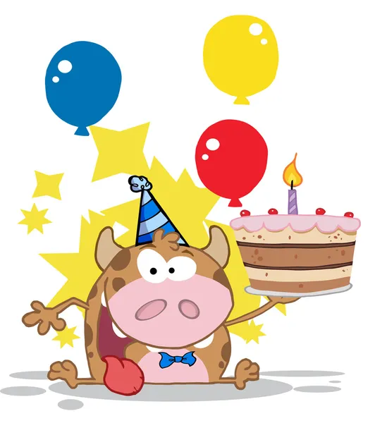 Happy Krowa Trzyma Tort Urodzinowy — Zdjęcie stockowe