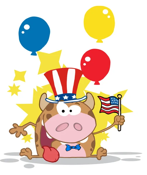 Personagem Dos Desenhos Animados Bezerro Patriótico Acenando Uma Bandeira Americana — Fotografia de Stock