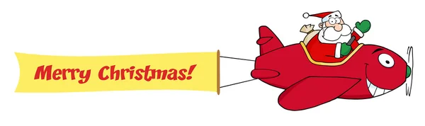 Weihnachtsmann Fliegt Mit Weihnachtsflugzeug Und Leerem Banner — Stockfoto