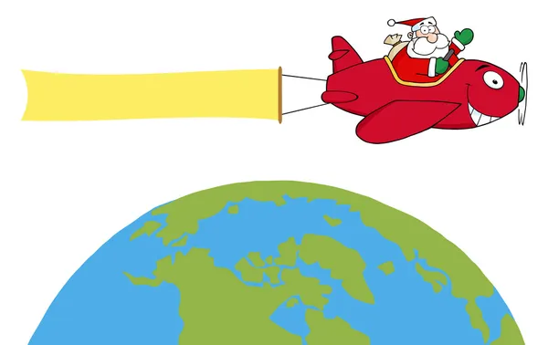 Happy Santa Flying A Plane Banner Over The Globe — Stock Photo, Image