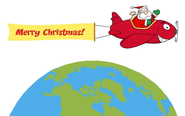 Santa Flying Met Kerstmis Vlak Boven Hele Wereld — Stockfoto