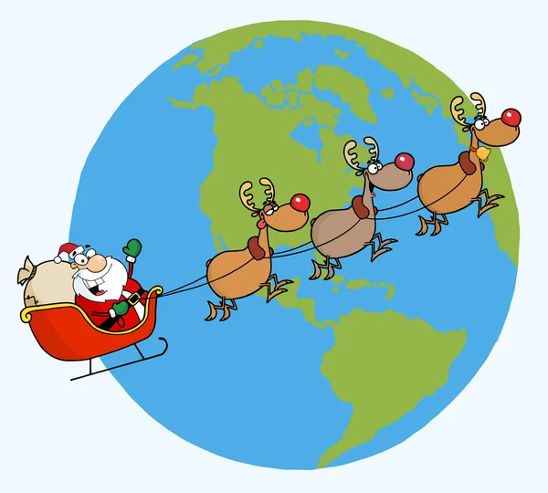 圣诞老人挥手和地球上空飞行 — 图库照片
