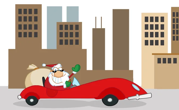 圣诞老人在一个城市中驾驶一辆红色轿车 — 图库照片