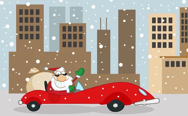 圣诞老人驾驶一辆红色轿车在白雪皑皑的城市 — 图库照片