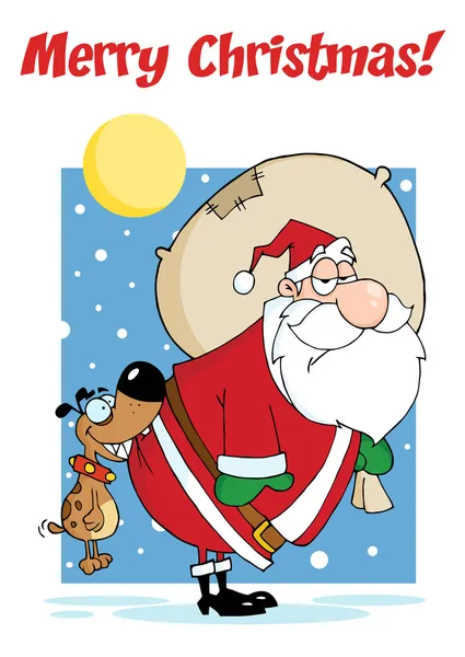 Merry Christmas Greeting Dog Biting Santa Claus Night — Stock Photo, Image