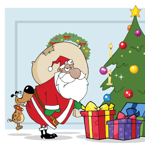Hond Bijten Een Zwarte Santas Kont Door Een Kerstboom Blauw — Stockfoto