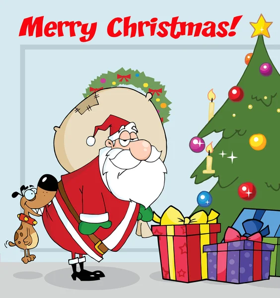 Wesołych Świąt Bożego Narodzenia tekst nad pies gryzie santas — Zdjęcie stockowe