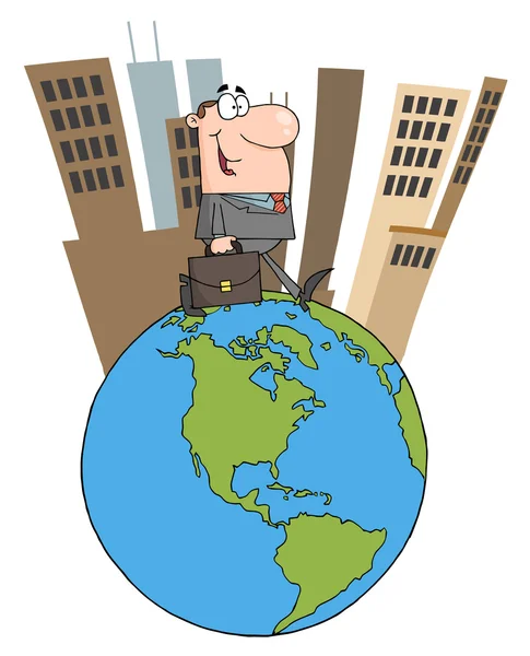 Caucasian Businessman Walking Tall City Top Globe — Stock Photo, Image