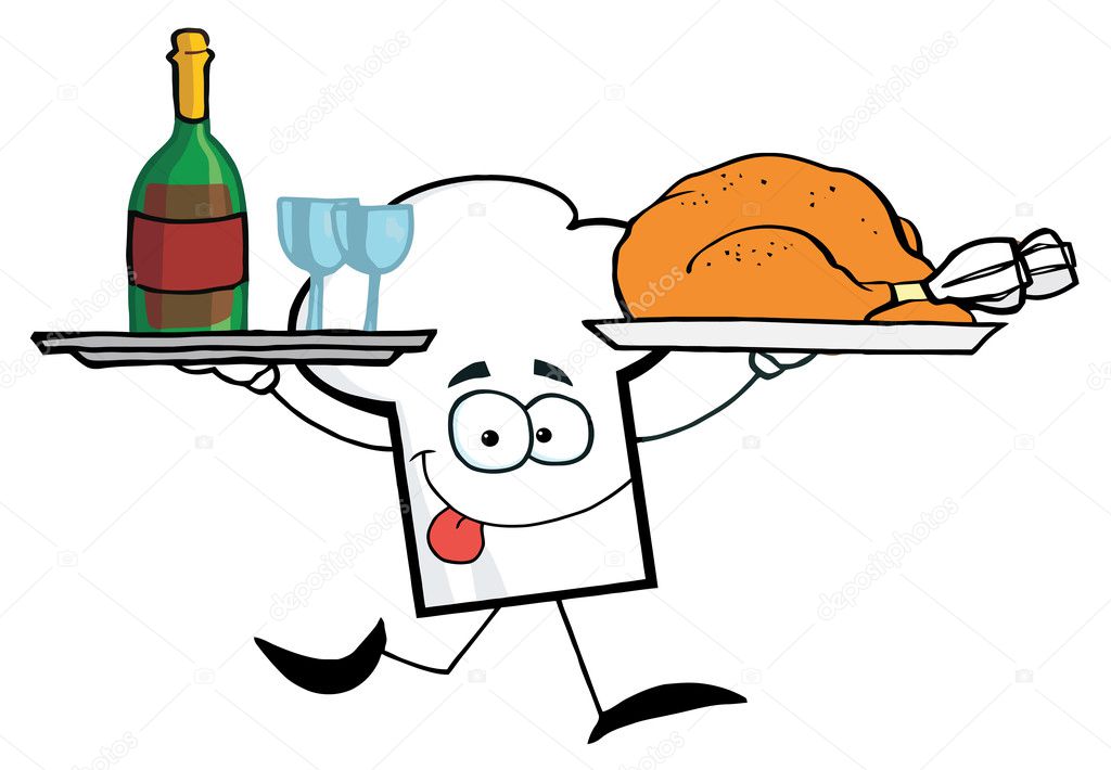 Cartoon Chefs Hat Character Running With Tray Of Wine And Plate With Chicken