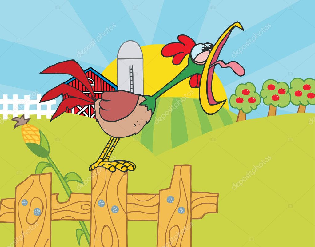 Noisy Rooster Crowing On A Fence At The Edge Of A Pasture Stock Photo by  ©HitToon 4724381
