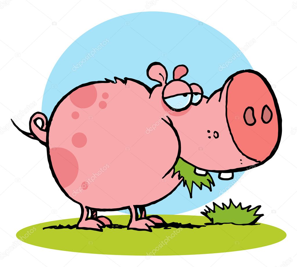 Chubby Pink Pig Snacking On Grass Cartoon Character