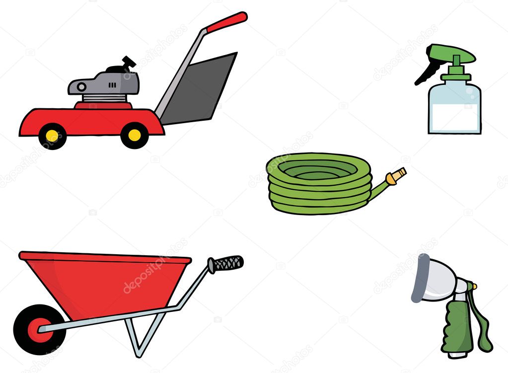 Collage Of A Lawn Mower, Wheel Barrow, Hose, Spray Bottle And Nozzle