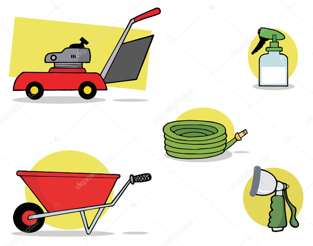 Digital Collage Of A Lawnmower, Wheel Barrow, Hose, Spray Bottle And Nozzle