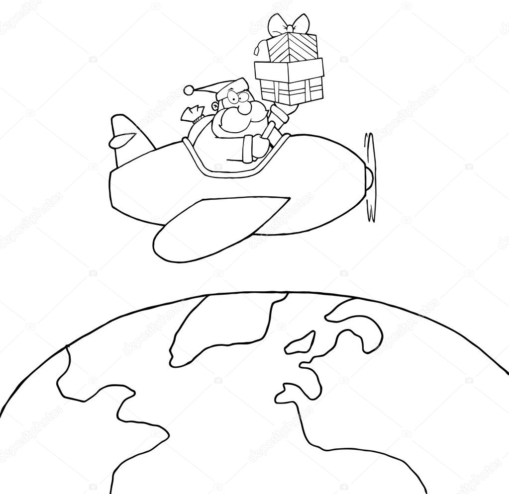 Outlined Santa Claus Holding Up A Stack Flying Around Earth
