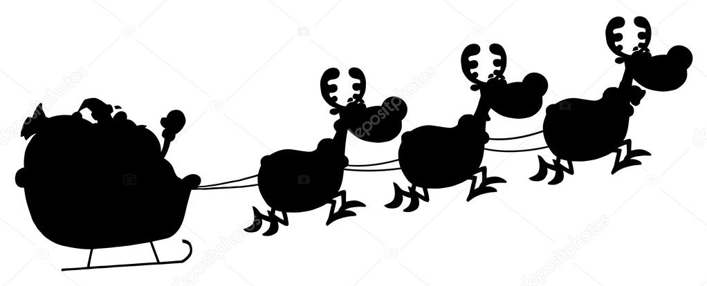 Black Silhouetted Of Magic Reindeer And Santa's Sleigh