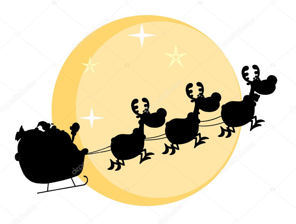 Black Silhouette Of Santa And A Reindeers Flying In Moon