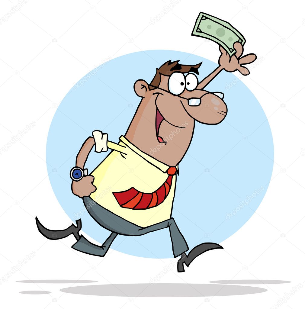 Happy Black Businessman Running And Holding Up Cash