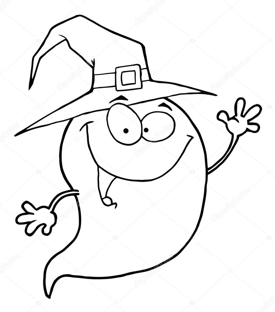 Outlined Happy Halloween Ghost Flying