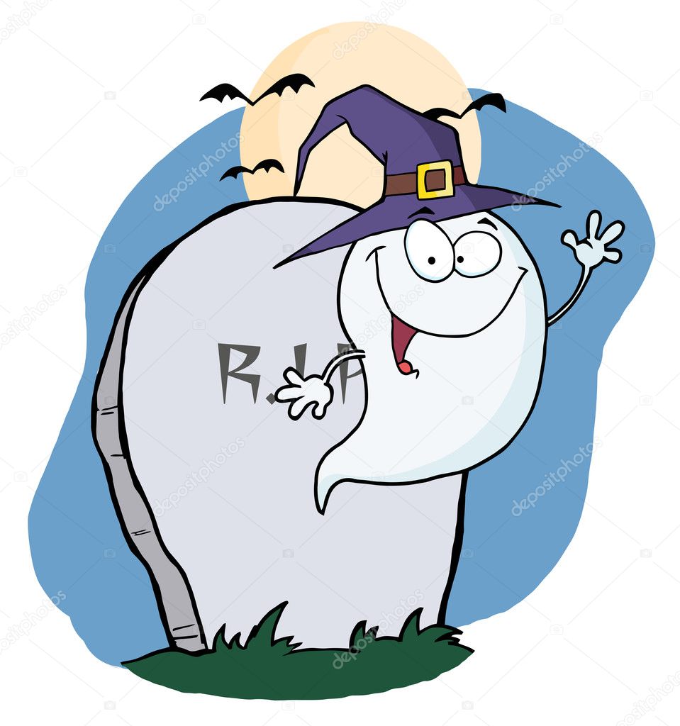 Waving Halloween Ghost Wearing A Purple Witch Hat By A Tombstone