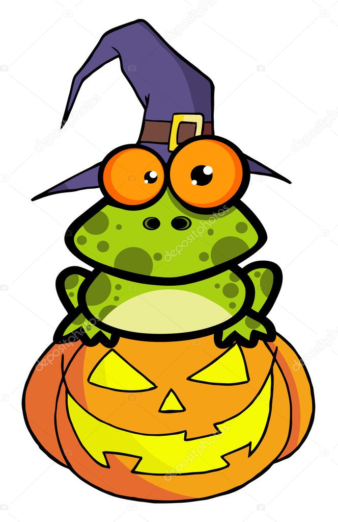 Spotted Frog Wearing A Witch Hat And Sitting On A Jackolantern