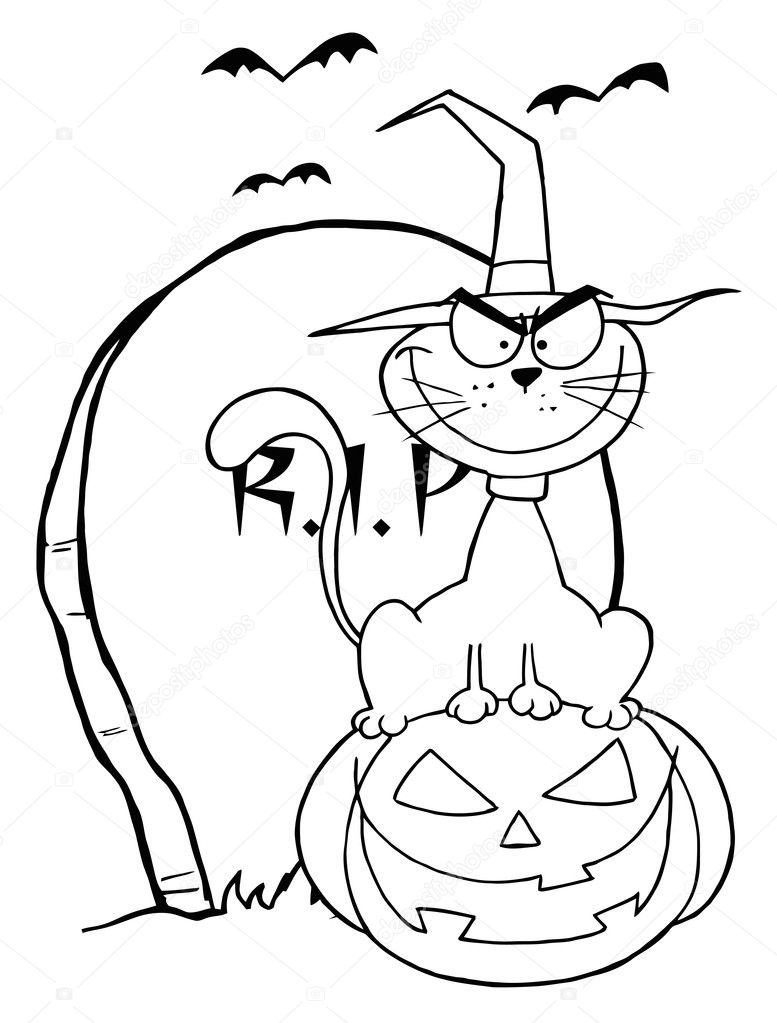 halloween cat drawing outline
