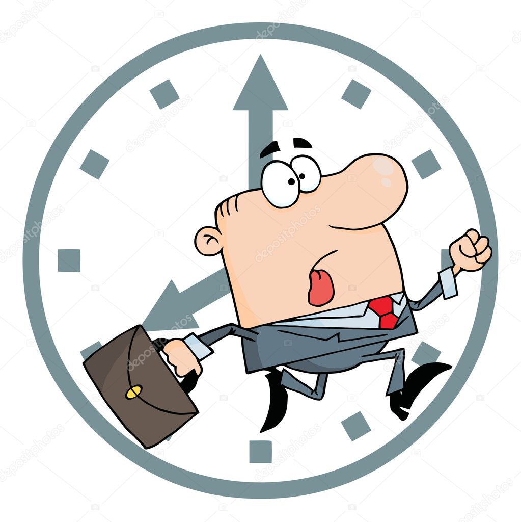 Hurried White Businessman Running Past A Clock
