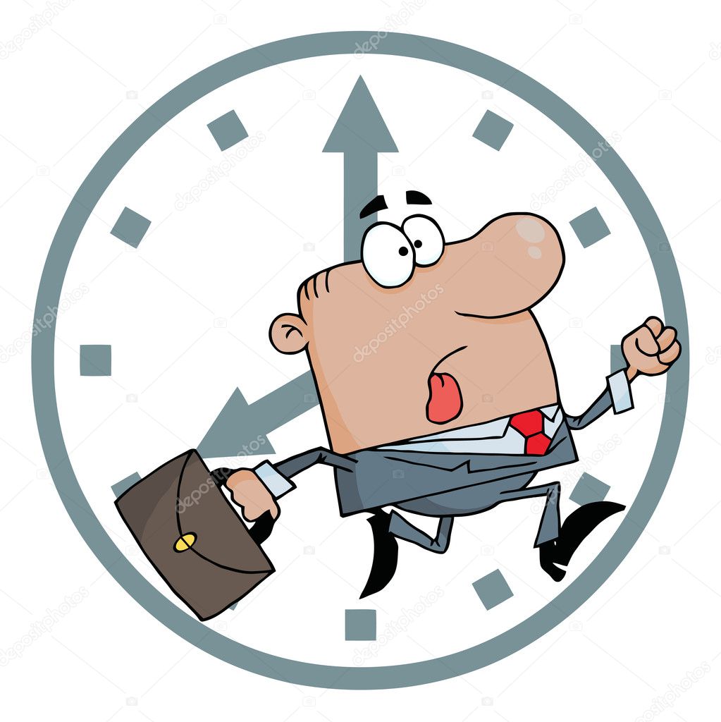 Hurried Hispanic Businessman Running Past A Clock