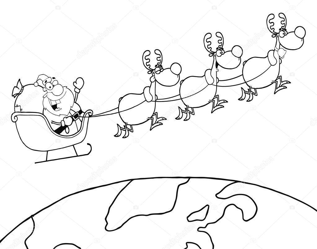A Coloring Page Outline Of Santa Waving And Flying Above Earth
