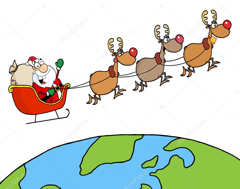 Santa Waving And Flying Above Earth