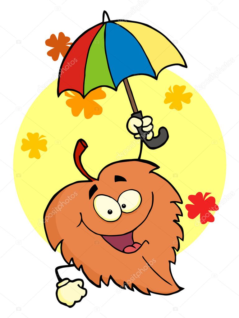Leaf Cartoon Character With Umbrella