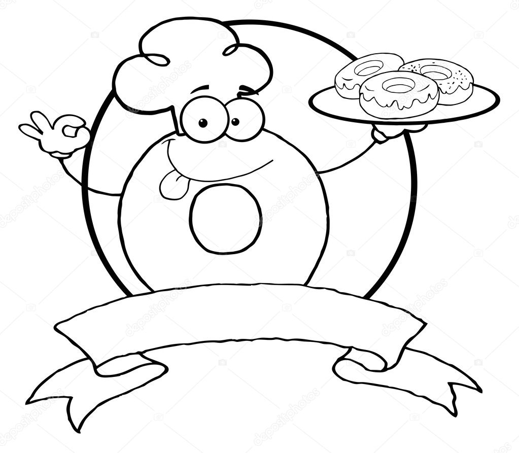 Outline Of A Donut Character Wearing A Chef Hat And Serving Donuts Over A Blank Banner And Circle