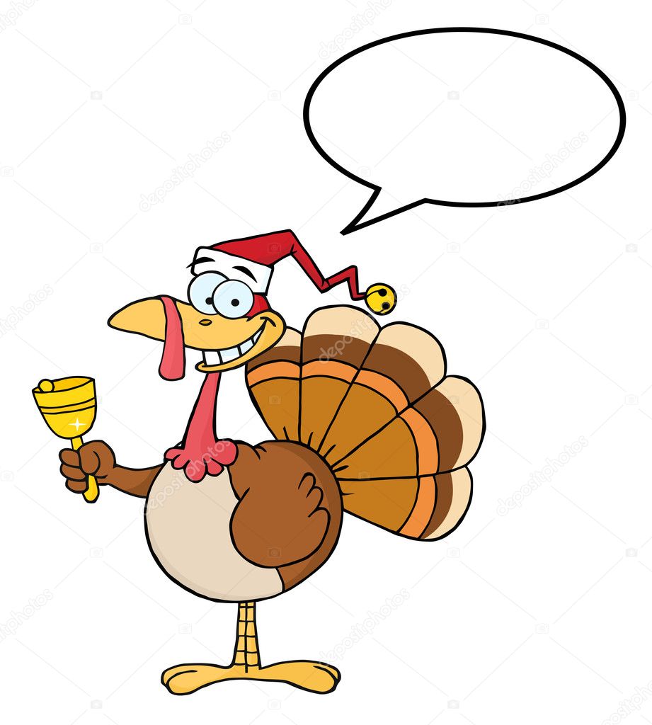 Turkey Cartoon Character Ringing A Bell With Speech Bubble
