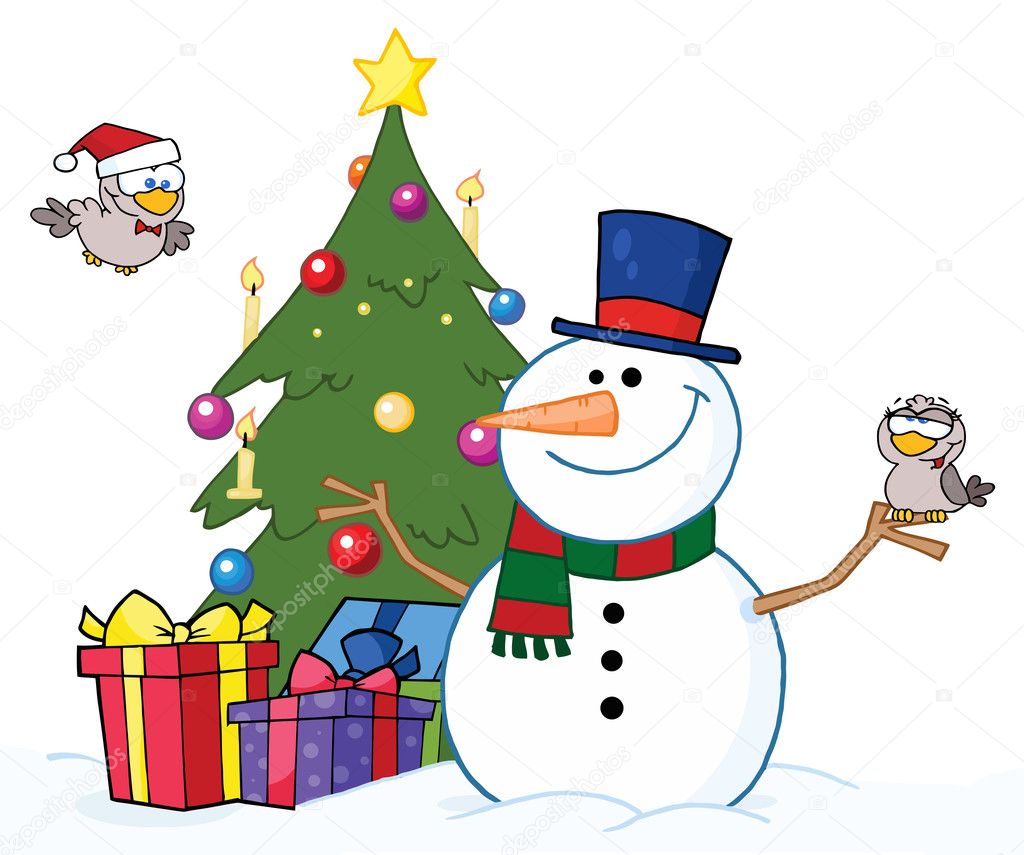 Friendly Snowman With A Two Cute Birds And Christmas Tree