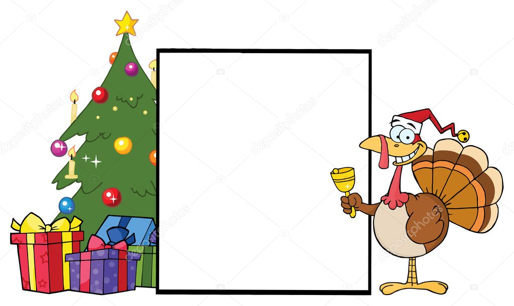 Blank Sign By A Christmas Tree With A Bell Ringer Turkey