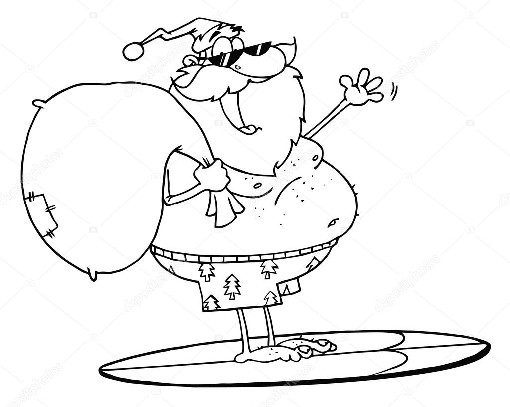 Outlined Santa Claus Surfing