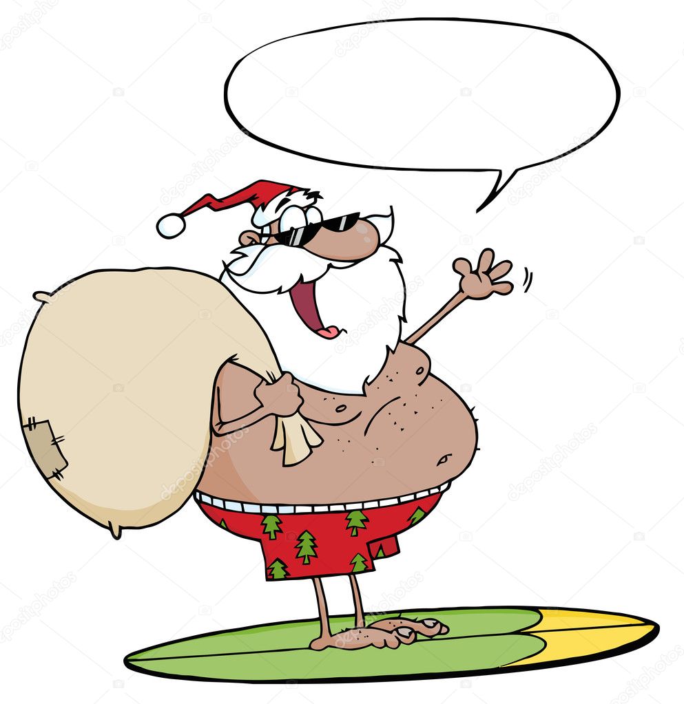 African American Santa Carrying His Sack While Surfing With Speech Bubble