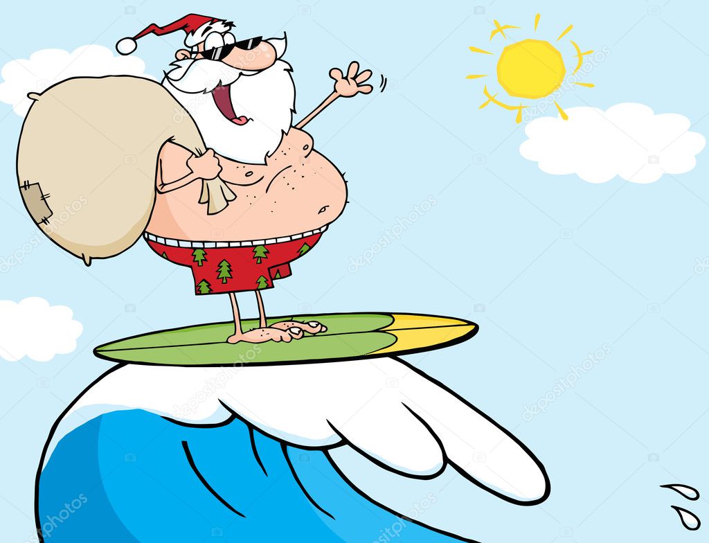 Santa Claus Carrying His Sack While Surfing