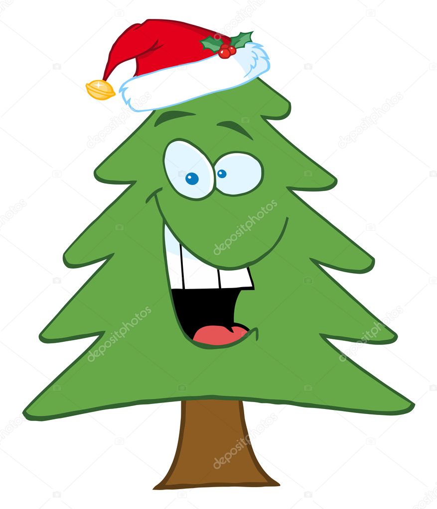 Cartoon Christmas Tree With Santa Hat